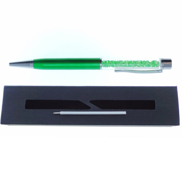 Penna verde a Sfera con cristalli tipo Swarovski con custodia e ricarica - Crystal Stones